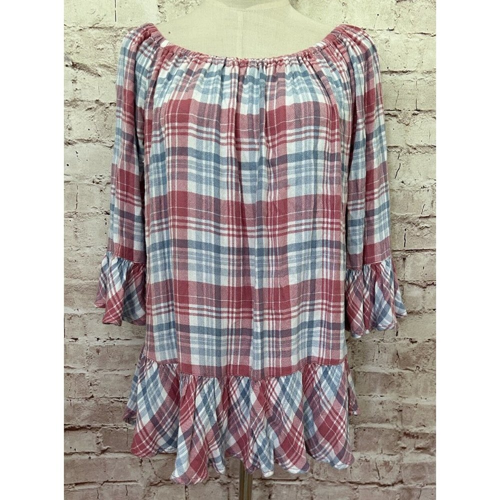 Beach Lunch Lounge Peplum Top Size S Pink Blue 3/4 Bell Sleeve Off The Shoulder